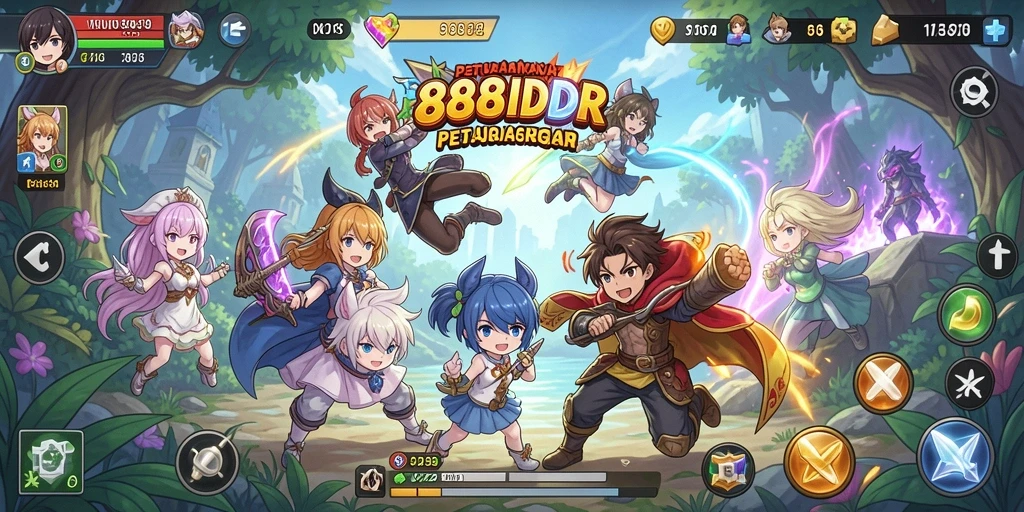Screenshot gameplay 888IDR yang menampilkan karakter anime yang dinamis.