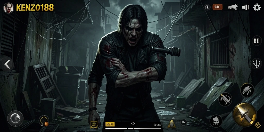 Tampilan gameplay mencekam di KENZO188 yang menghadirkan suasana horor.
