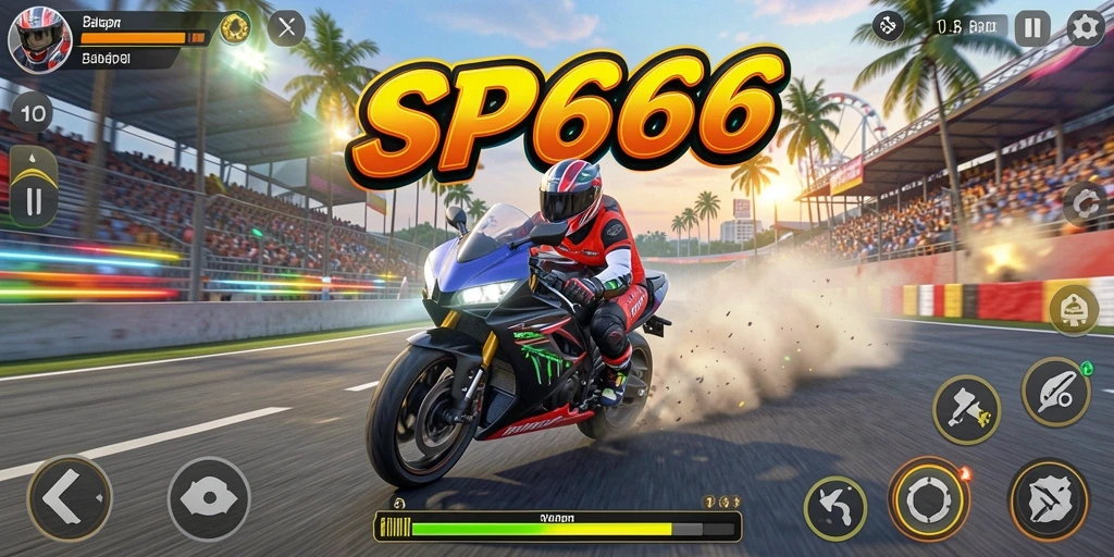 Gameplay SP666 yang seru dan penuh aksi balapan motor.