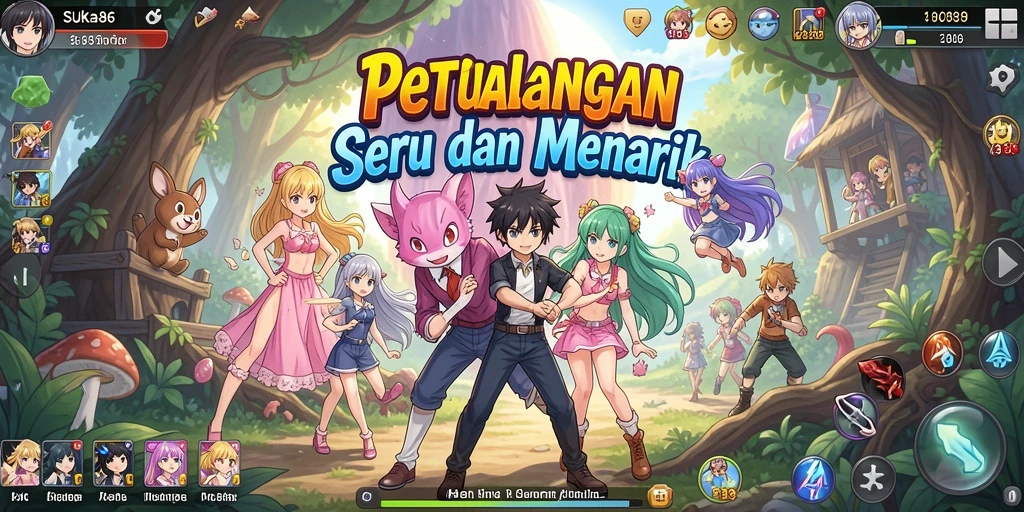 Tampilan gameplay seru dari SUKA86 yang penuh warna dan karakter Anime.